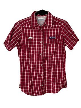 Columbia PFG Women's Shirt Razorback Size Small Red White Plaid Short Sleeve